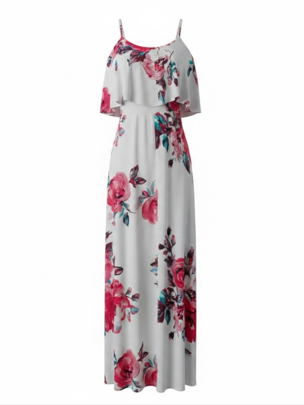 Sweet Lovely White With Pink And Red Floral Design Maxi Dress XL 63 In Long